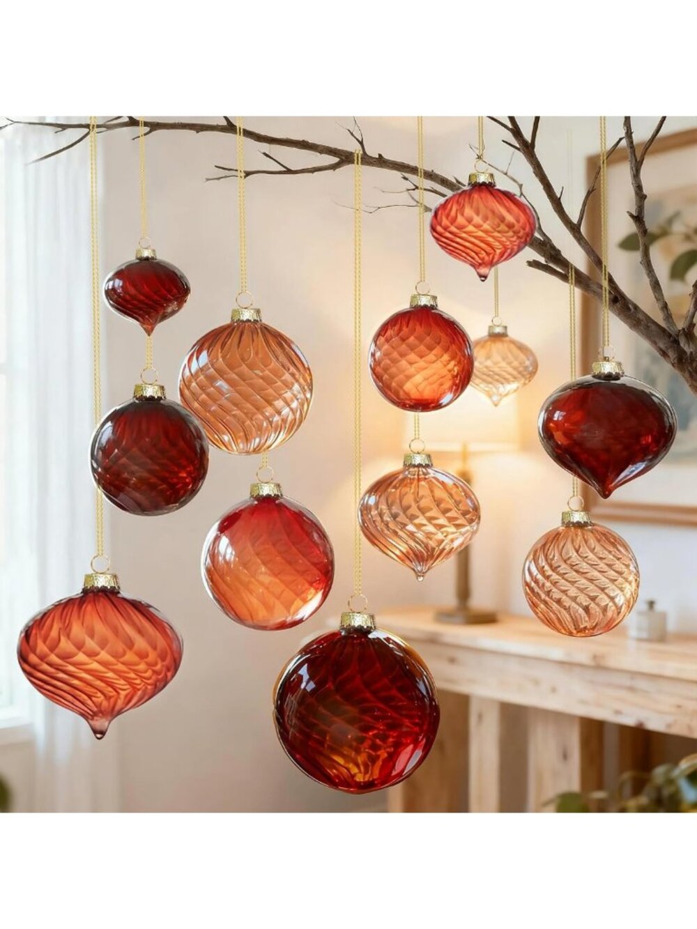Vintage Brown Glass Christmas Ornaments Set, 12-Pc Ball & Onion Shapes for Tree